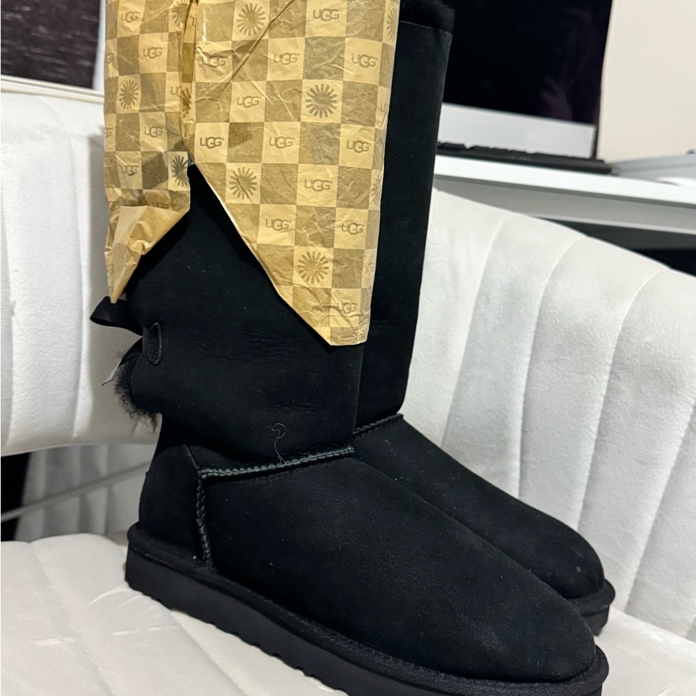 UGG Black Suede Boots with Bow Detail